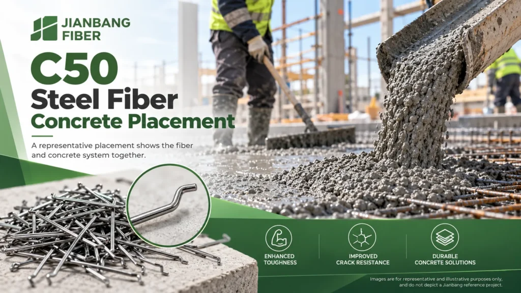 C50 steel fiber concrete placement with a sample of hooked-end fibers.