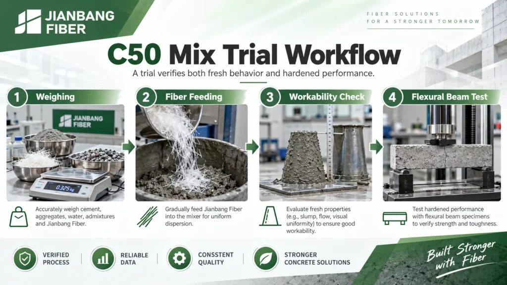 Weighing, fiber feeding, workability check, and flexural beam test in a C50 mixture trial.