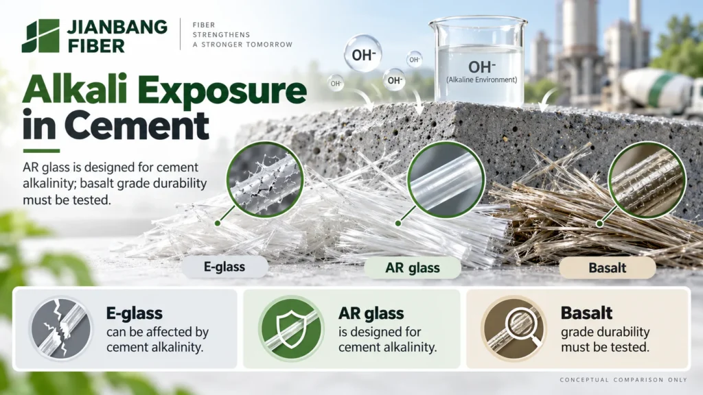Three labeled fiber types beside a cement matrix and an alkaline exposure test icon.