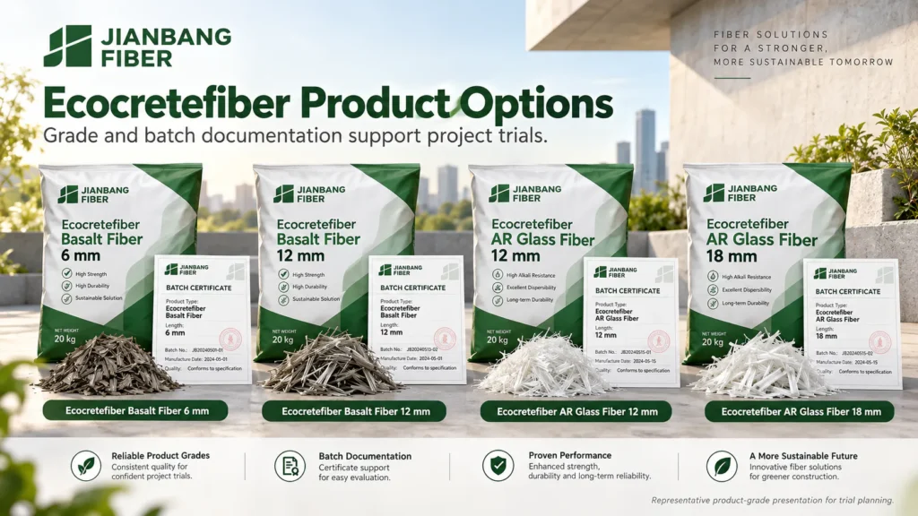 Labeled Ecocretefiber basalt and AR glass fiber packages with length and batch certificate cards.