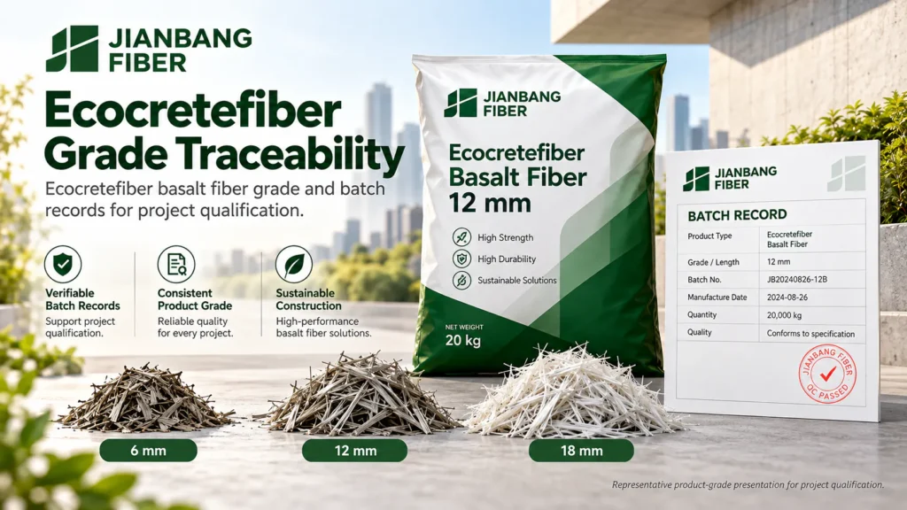 Colis de fibres de basalte Ecocretefiber, accompagné des options de longueur et de la fiche de lot.