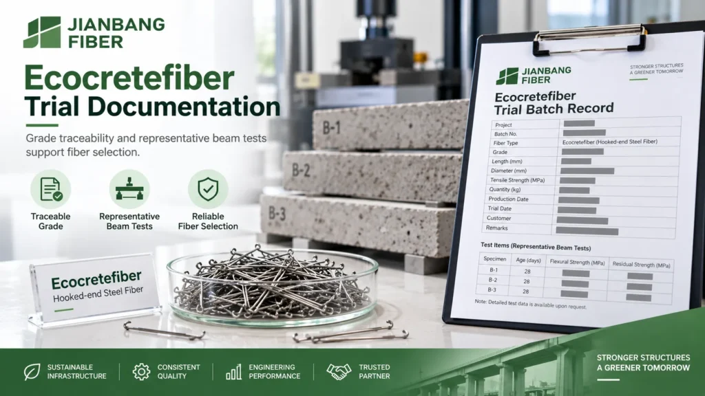 Verified Ecocretefiber hooked-end steel fiber sample beside a trial record and beam specimens.