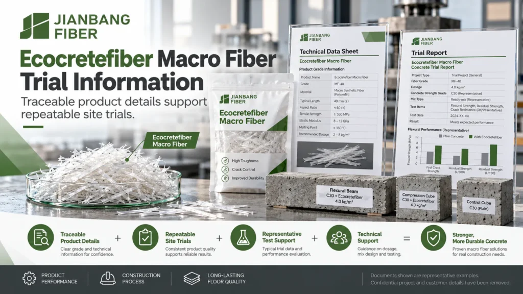 经过验证的Ecocretefiber粗纤维样品、等级文件以及贴有标签的混凝土试验试件。.