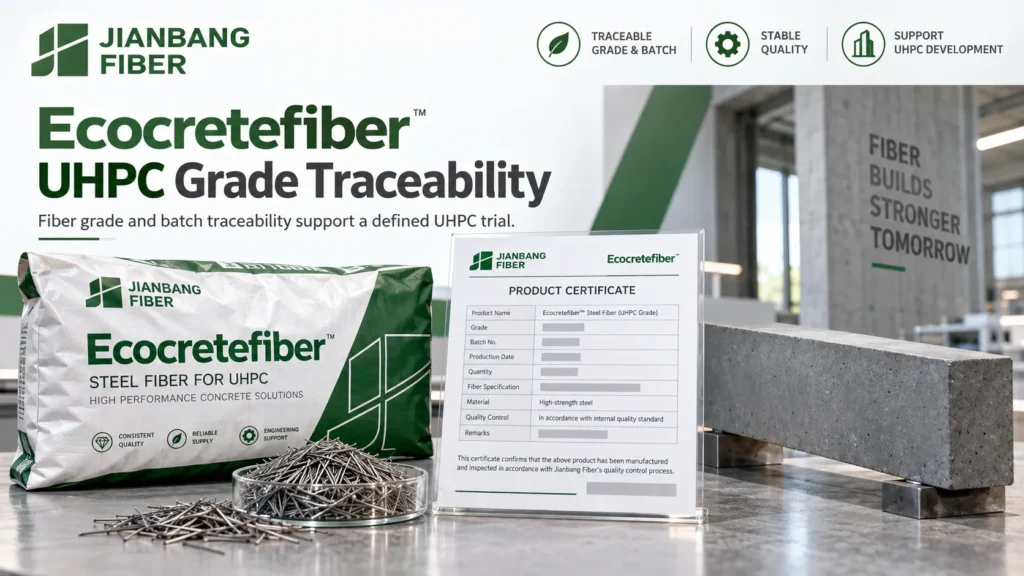 Muestra de microfibras de acero Ecocretefiber con certificado de calidad y elemento de ensayo de UHPC.