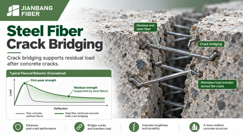 Hooked-end steel fibers crossing a concrete crack beside first-peak and residual-strength labels.