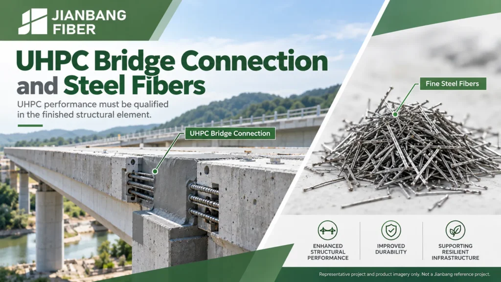 Unión de puente de UHPC moldeada in situ junto a una muestra etiquetada de fibras finas de acero