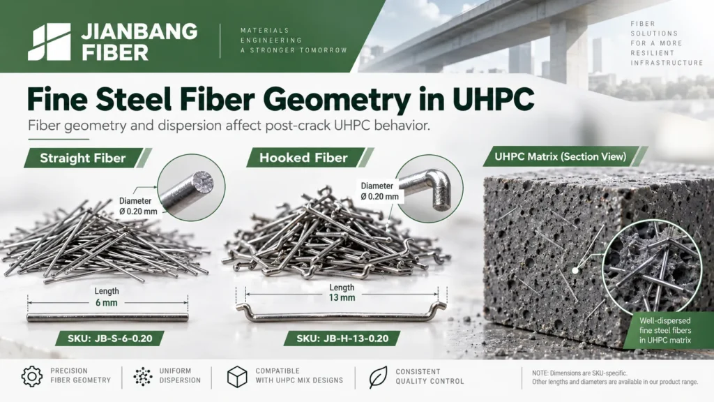 Fibras de acero finas, rectas y en forma de gancho, con indicaciones de longitud y diámetro junto a una densa matriz de UHPC.